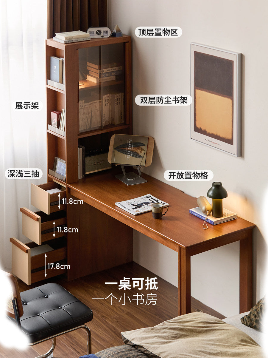 实木书桌书架一体书房复古写字桌小户型转角办公桌